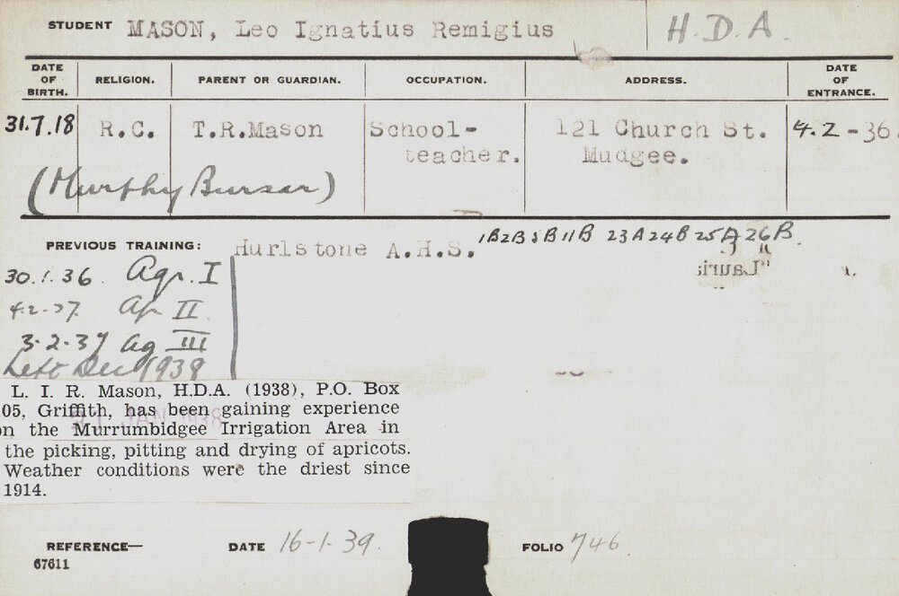 MASON, Leo Ignatius Remigius (Hawkesbury Diploma of Agriculture (HDA))