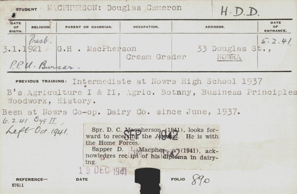 MACPHERSON, Douglas Cameron (Hawkesbury Diploma in Dairy (HDD))