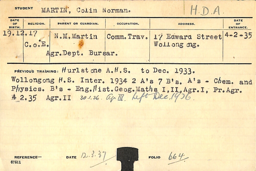 MARTIN, Colin Norman (Hawkesbury Diploma of Agriculture (HDA))