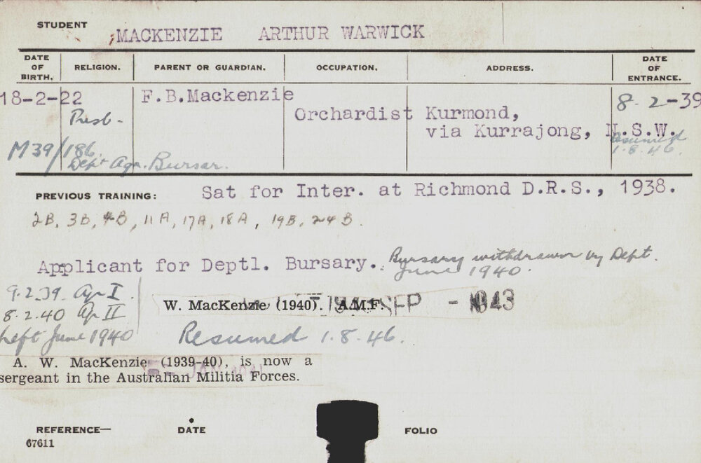 MACKENZIE, Arthur Warwick (Hawkesbury Diploma of Agriculture (HDA))