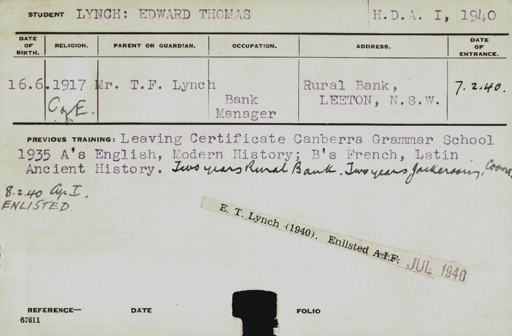 LYNCH, Edward Thomas (Hawkesbury Diploma of Agriculture (HDA) - First Year Certificate only)