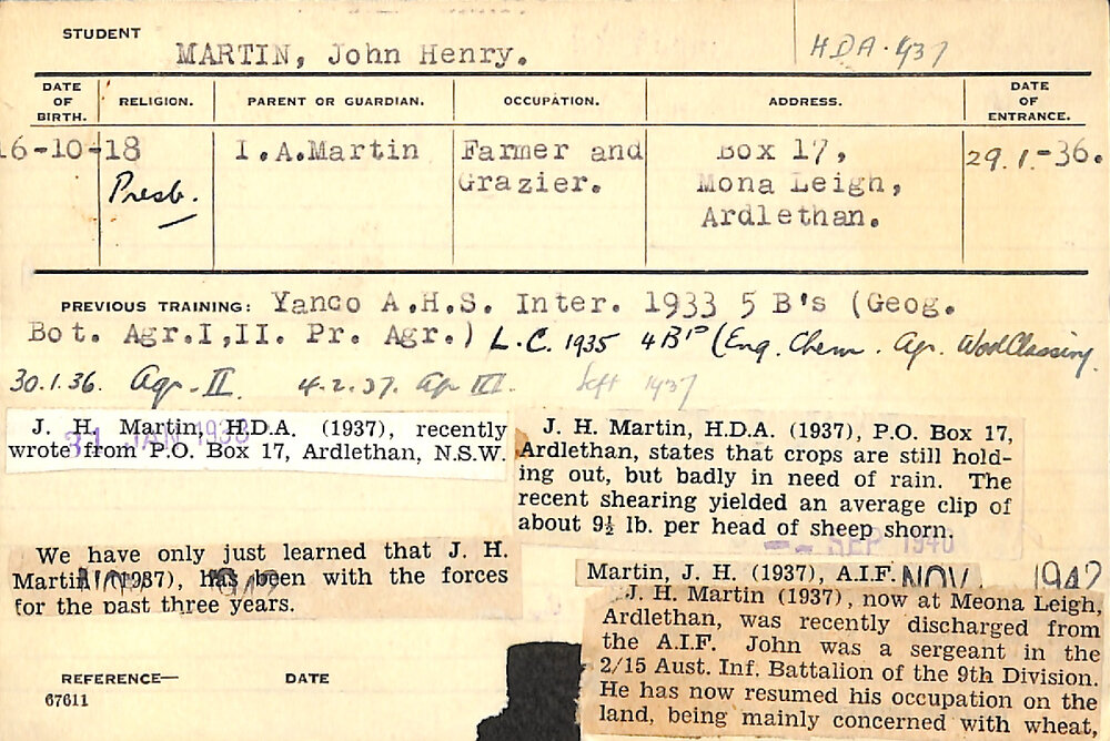 MARTIN, John Henry (Hawkesbury Diploma of Agriculture (HDA))