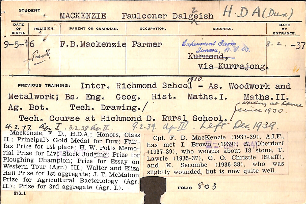 MACKENZIE, Faulconer Dalgleish (Hawkesbury Diploma of Agriculture (HDA))