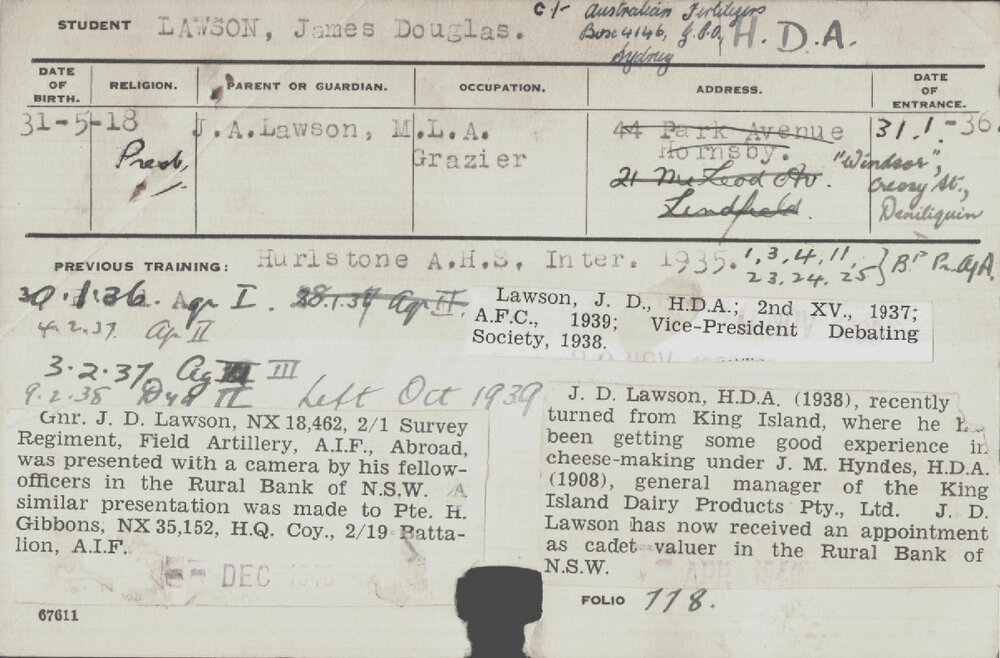 LAWSON, James Douglas (Hawkesbury Diploma of Agriculture (HDA))