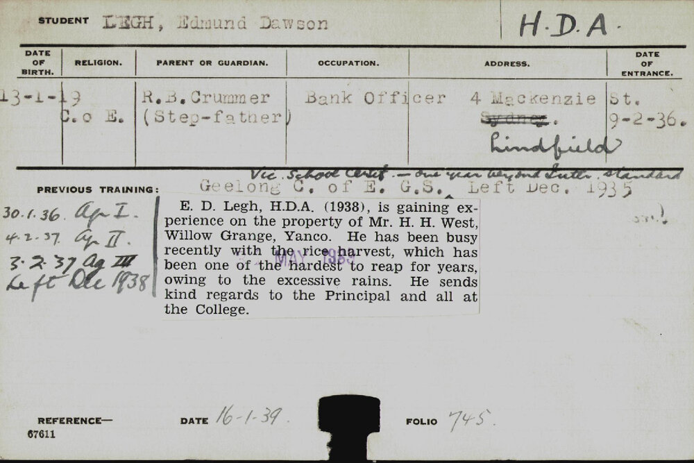LEGH, Edmund Dawson (Hawkesbury Diploma of Agriculture (HDA))