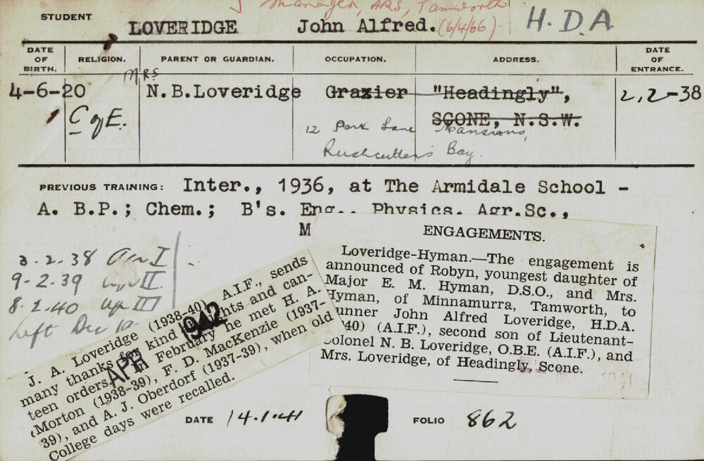 LOVERIDGE, John Alfred (Hawkesbury Diploma of Agriculture (HDA))
