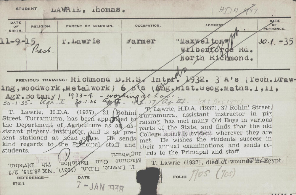 LAWRIE, Thomas (Hawkesbury Diploma of Agriculture (HDA))