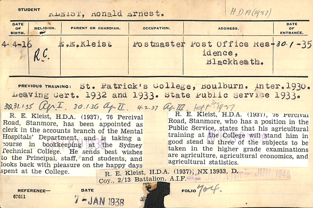 KLEIST, Ronald Ernest (Hawkesbury Diploma of Agriculture (HDA))