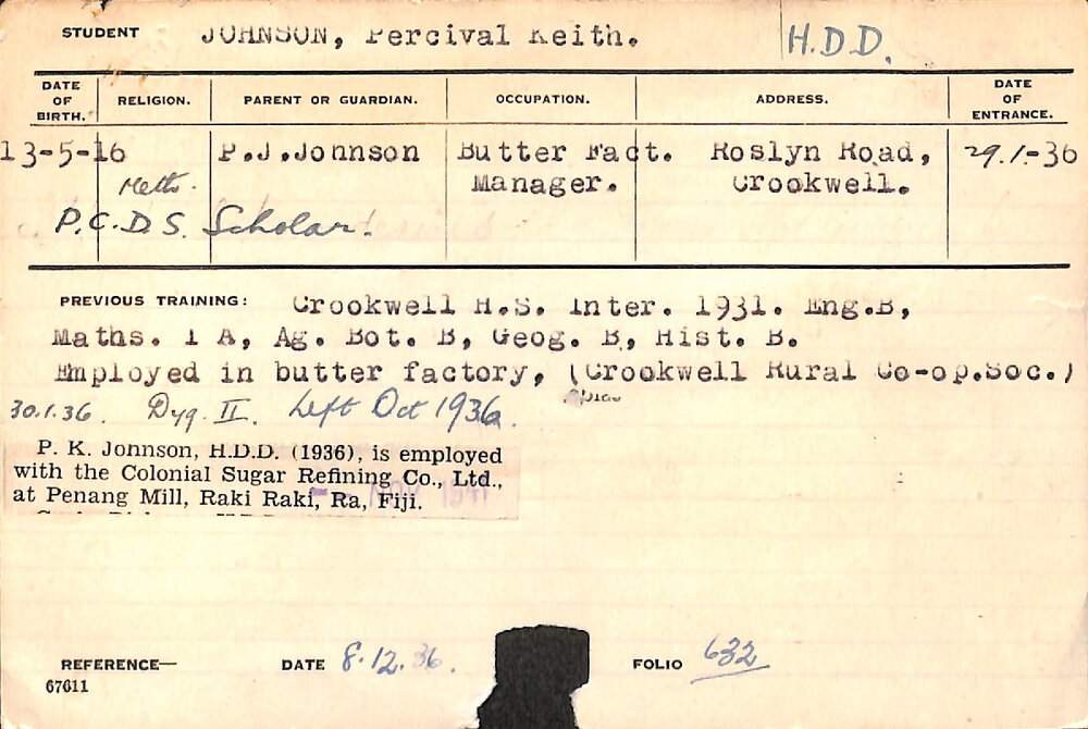 JOHNSON, Percival Keith (Hawkesbury Diploma in Dairy (HDD))