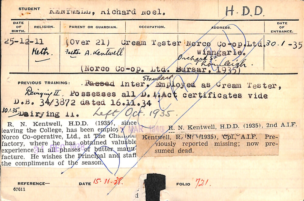 KENTWELL, Richard Noel (Hawkesbury Diploma in Dairy (HDD))