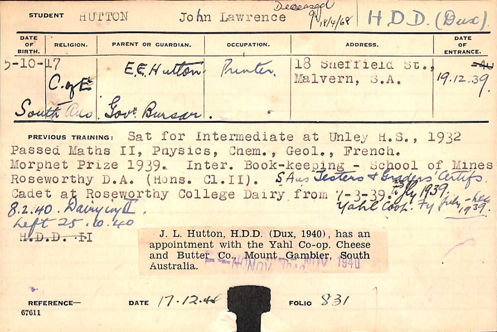 HUTTON, John Lawrence (Hawkesbury Diploma in Dairy (HDD))