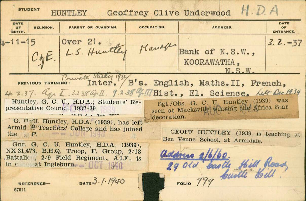 HUNTLEY, Geoffrey Clive Underwood (Hawkesbury Diploma of Agriculture (HDA))