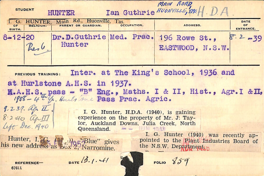 HUNTER, Ian Guthrie (Hawkesbury Diploma of Agriculture (HDA))