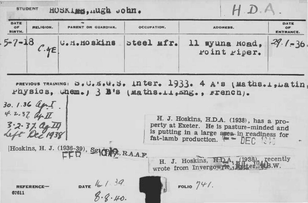 HOSKINS, Hugh John (Hawkesbury Diploma of Agriculture (HDA))