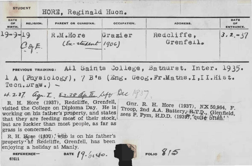 HORE, Reginald Huon (Hawkesbury Diploma of Agriculture (HDA))
