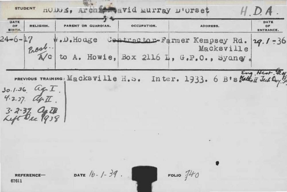 HODGE, Archi David Murray D'Orset (Hawkesbury Diploma of Agriculture (HDA))