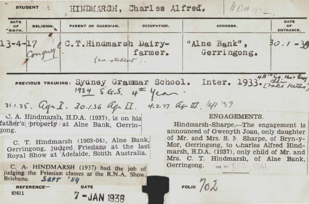 HINDMARSH, Charles Alfred (Hawkesbury Diploma of Agriculture (HDA))