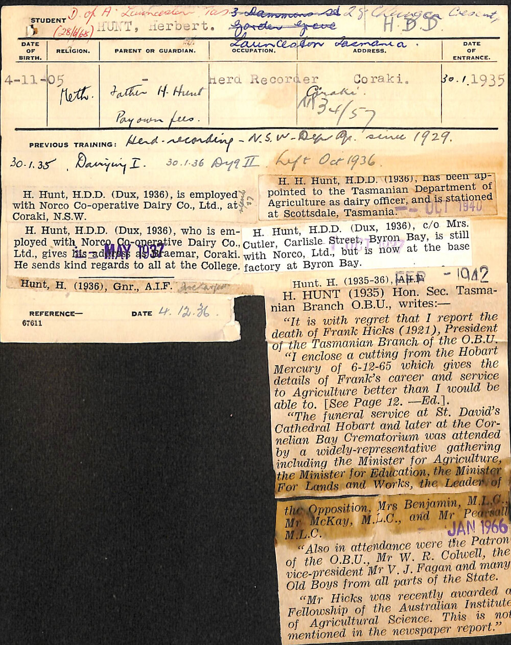 HUNT, Herbert (Hawkesbury Diploma in Dairy (HDD))