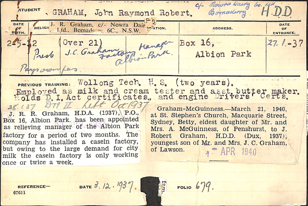 GRAHAM, John Raymond Robert (Hawkesbury Diploma in Dairy (HDD))