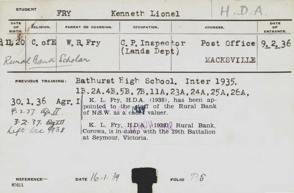 FRY, Kenneth Lionel (Hawkesbury Diploma of Agriculture (HDA) (Honours Class II))