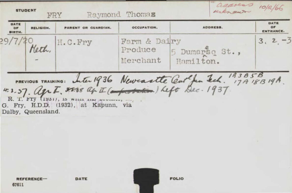 FRY, Raymond Thomas (Hawkesbury Diploma of Agriculture (HDA))