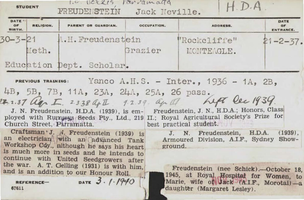 FREUDENSTEIN, Jack Neville (Hawkesbury Diploma of Agriculture (HDA) (Honours Class II))