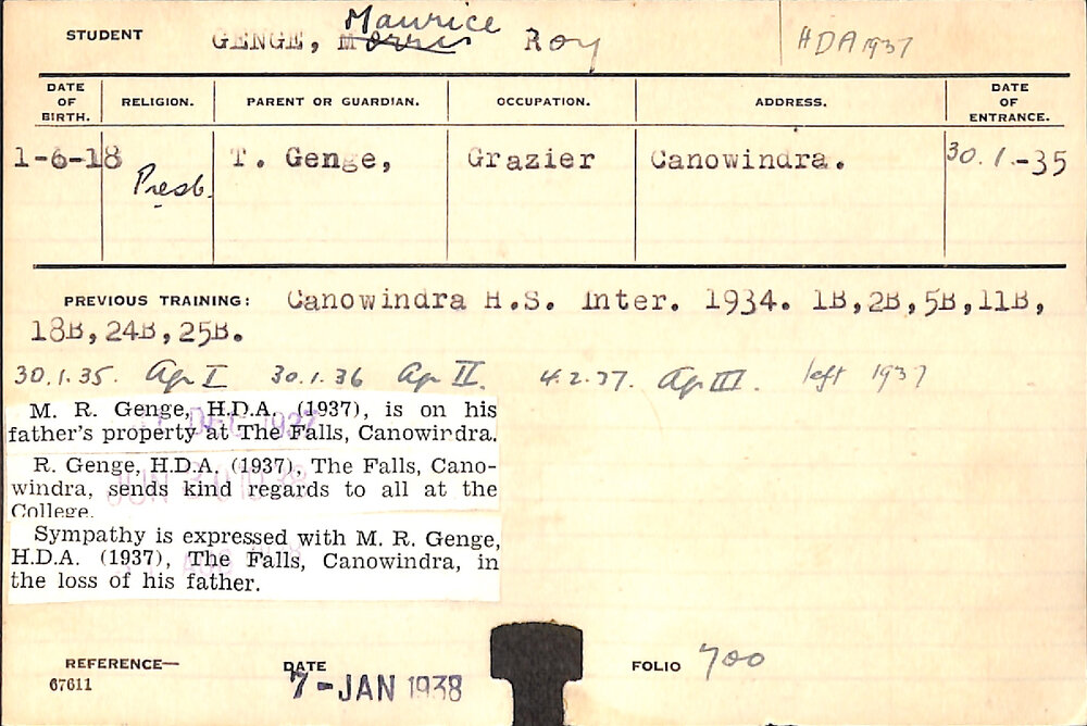 GENGE, Maurice Roy (Hawkesbury Diploma of Agriculture (HDA))