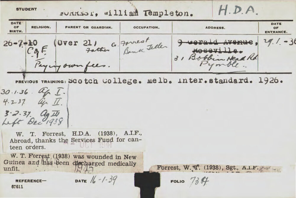 FORREST, William Templeton (Hawkesbury Diploma of Agriculture (HDA) (Honours Class II))