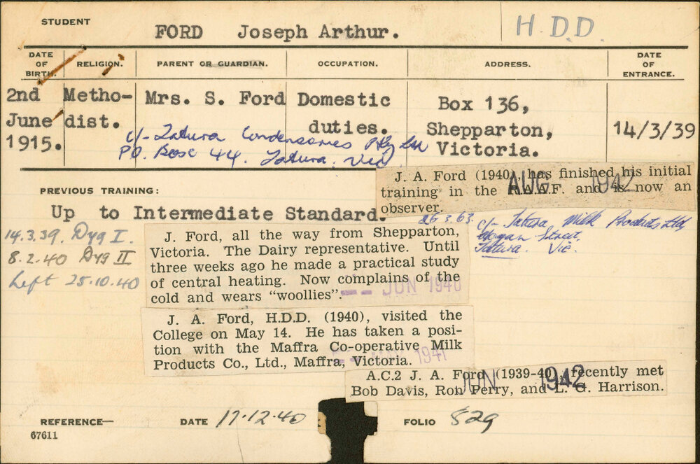 FORD, Joseph Arthur (Hawkesbury Diploma in Dairy (HDD))