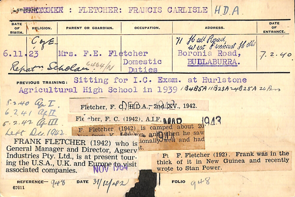FLETCHER, Francis Carlisle (Hawkesbury Diploma of Agriculture (HDA))