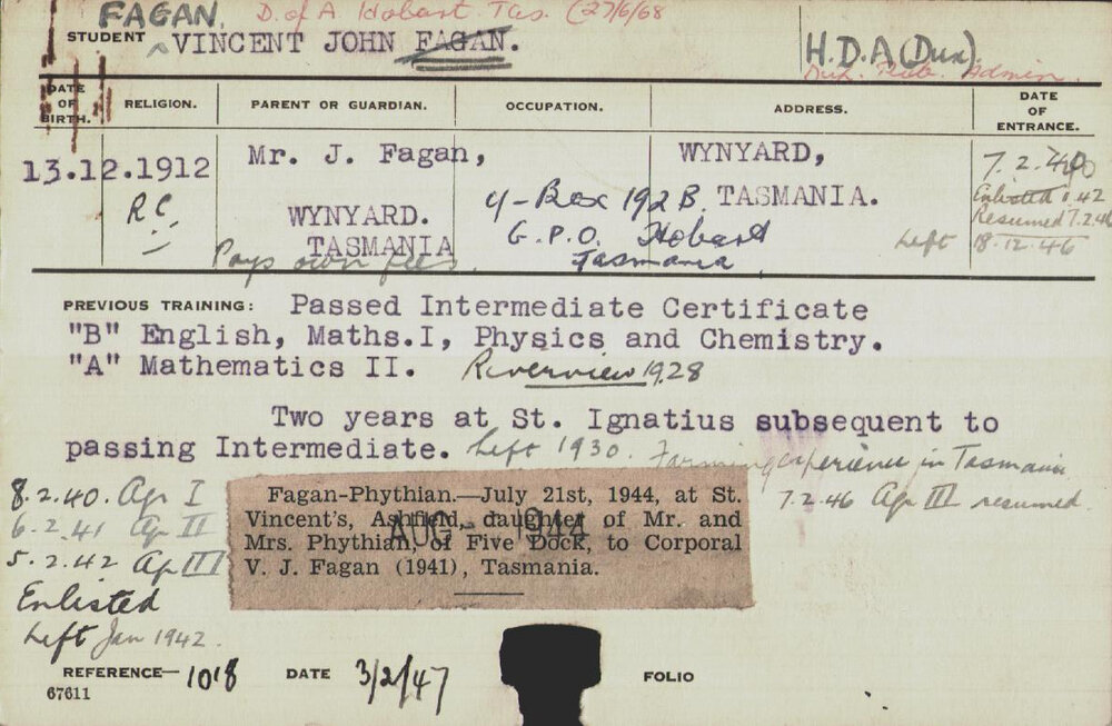 FAGAN, Vincent John (Hawkesbury Diploma of Agriculture (HDA) (Honours Class I) (Dux))