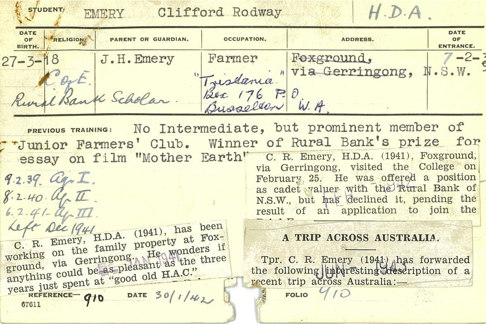 EMERY, Clifford Rodway (Hawkesbury Diploma of Agriculture (HDA) (Honours Class II))