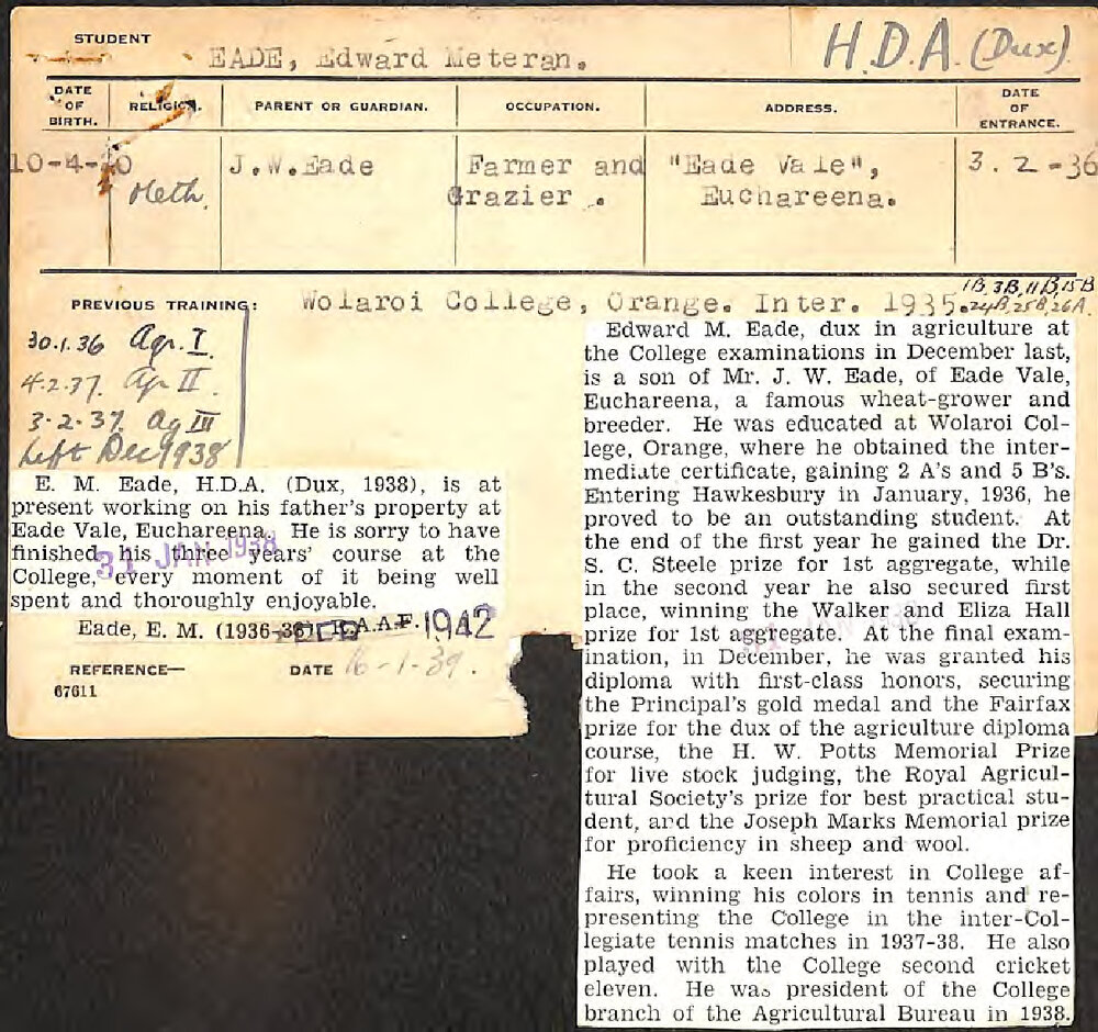 EADE, Edward Meteran (Hawkesbury Diploma of Agriculture (HDA))