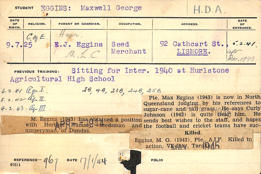 EGGINS, Maxwell George (Hawkesbury Diploma of Agriculture (HDA))