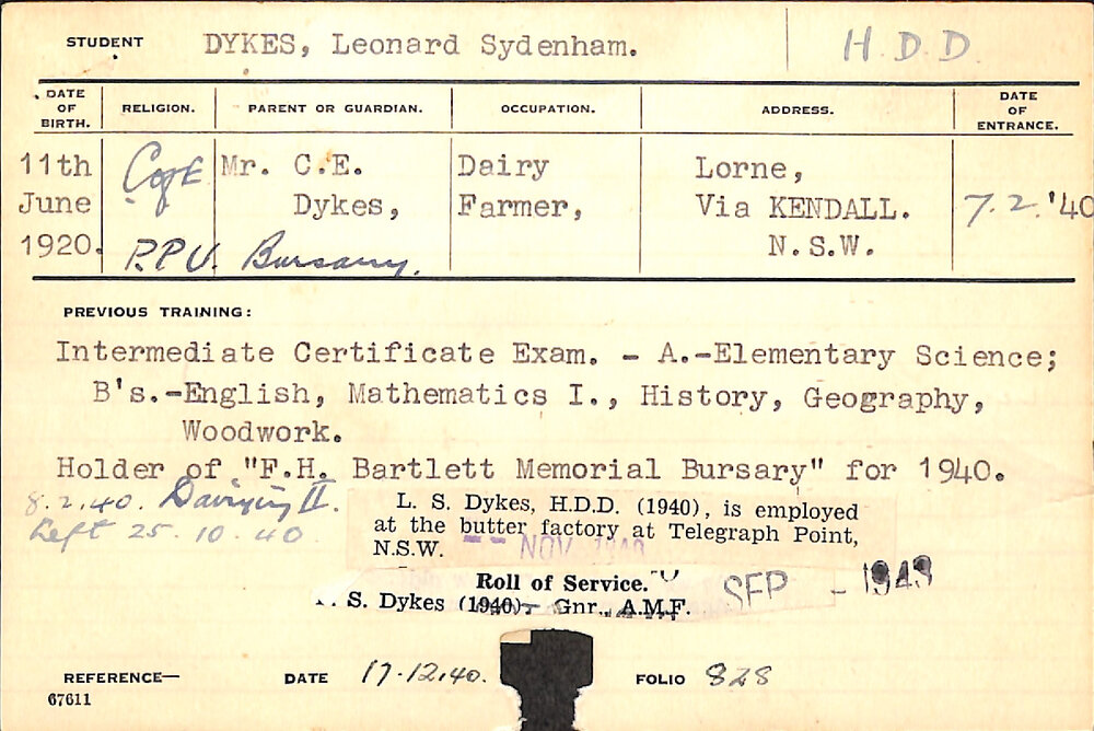 DYKES, Leonard Sydenham (Hawkesbury Diploma in Dairy (HDD))