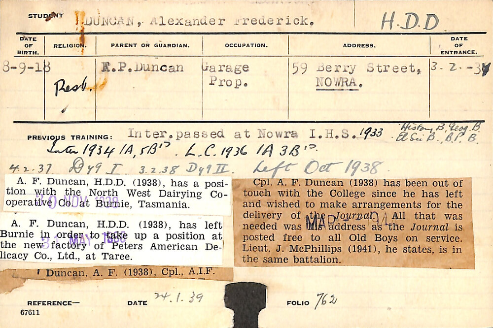 DUNCAN, Alexander Frederick (Hawkesbury Diploma in Dairy (HDD))