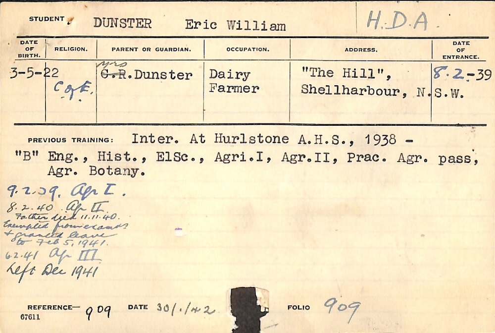 DUNSTER, Eric William (Hawkesbury Diploma of Agriculture (HDA))