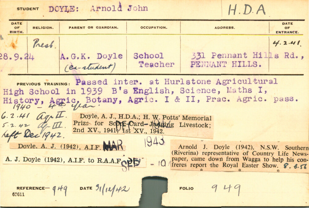 DOYLE, Arnold John (Hawkesbury Diploma of Agriculture (HDA))