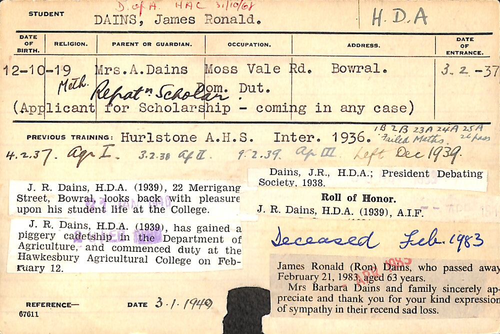 DAINS, James Ronald (Hawkesbury Diploma of Agriculture (HDA))