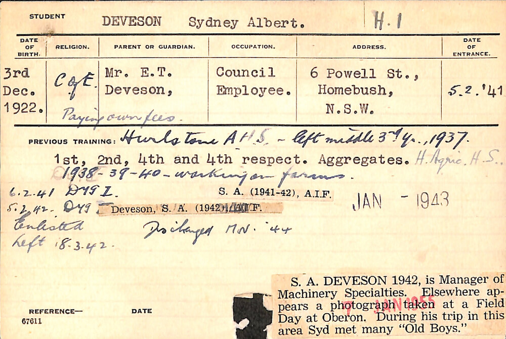 DEVESON, Sydney Albert (Hawkesbury Diploma in Dairy (HDD))