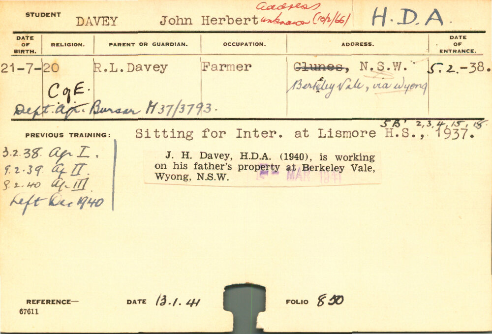 DAVEY, John Herbert (Hawkesbury Diploma of Agriculture (HDA))