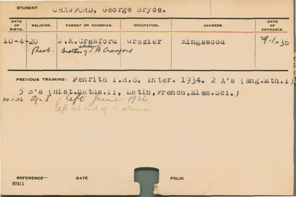 CRAWFORD, George Bryce (Course Not Identified)