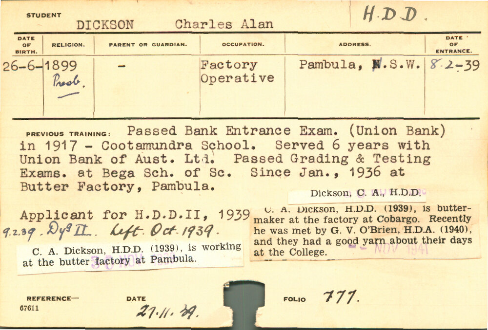 DICKSON, Charles Alan (Hawkesbury Diploma in Dairy (HDD))