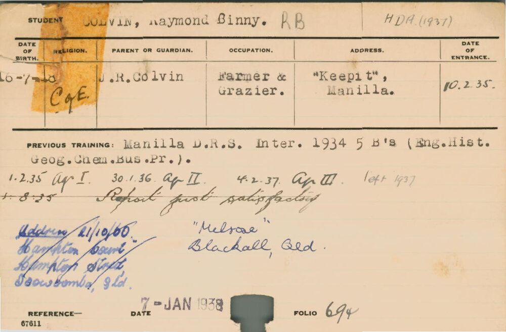 COLVIN, Raymond Binny (Hawkesbury Diploma of Agriculture (HDA))
