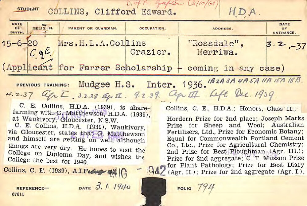 COLLINS, Clifford Edward (Hawkesbury Diploma of Agriculture (HDA))