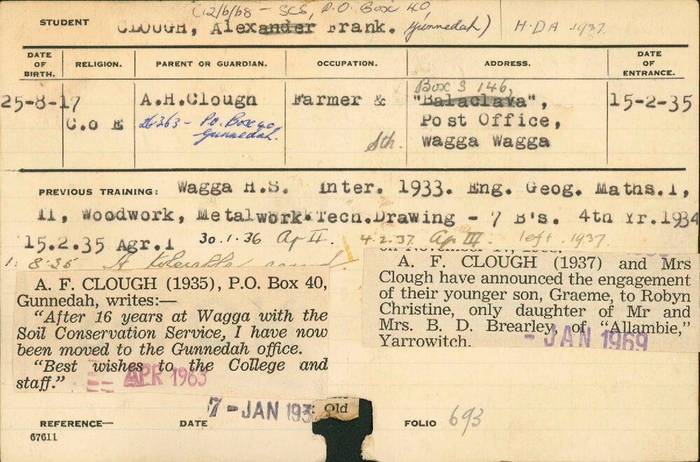 CLOUGH, Alexander Frank (Hawkesbury Diploma of Agriculture (HDA))