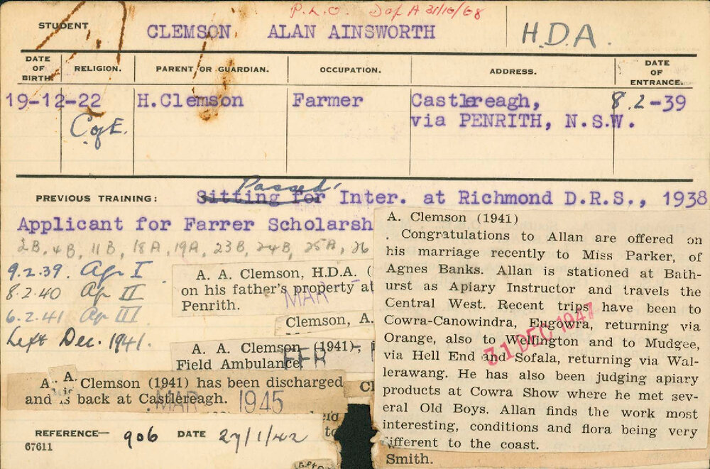 CLEMSON, Alan Ainsworth (Hawkesbury Diploma of Agriculture (HDA))