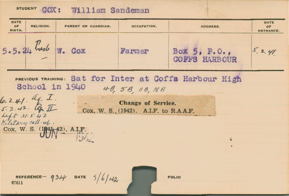 COX, William Sandeman (Course Not Identified)