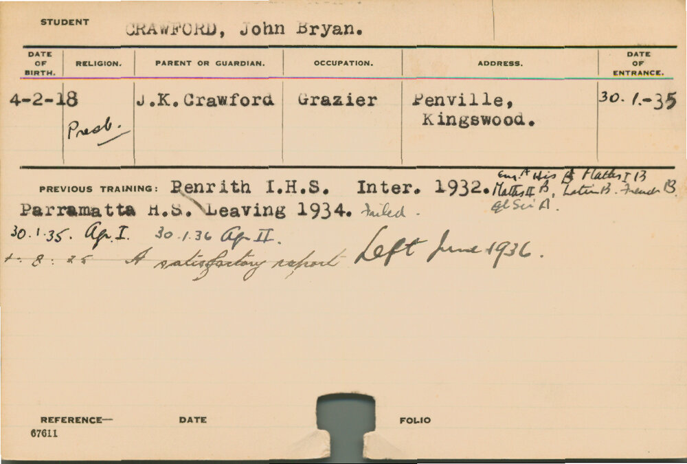 CRAWFORD, John Bryan (Hawkesbury Diploma of Agriculture (HDA))