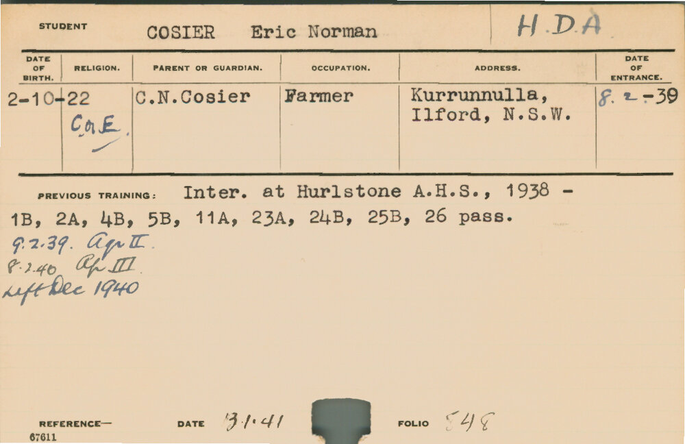 COSIER, Eric Norman (Hawkesbury Diploma of Agriculture (HDA))